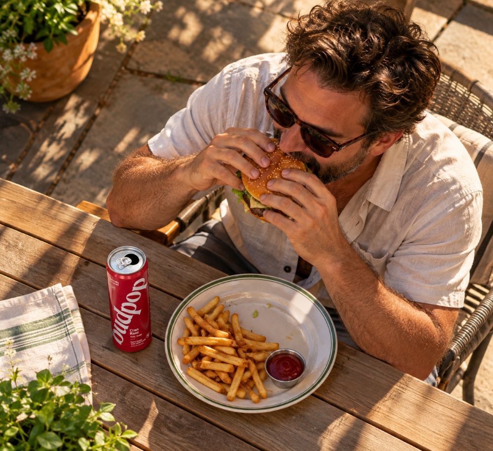 Cran Razz THC Soda man eating burger and drinking a budpop cran razz thc soda