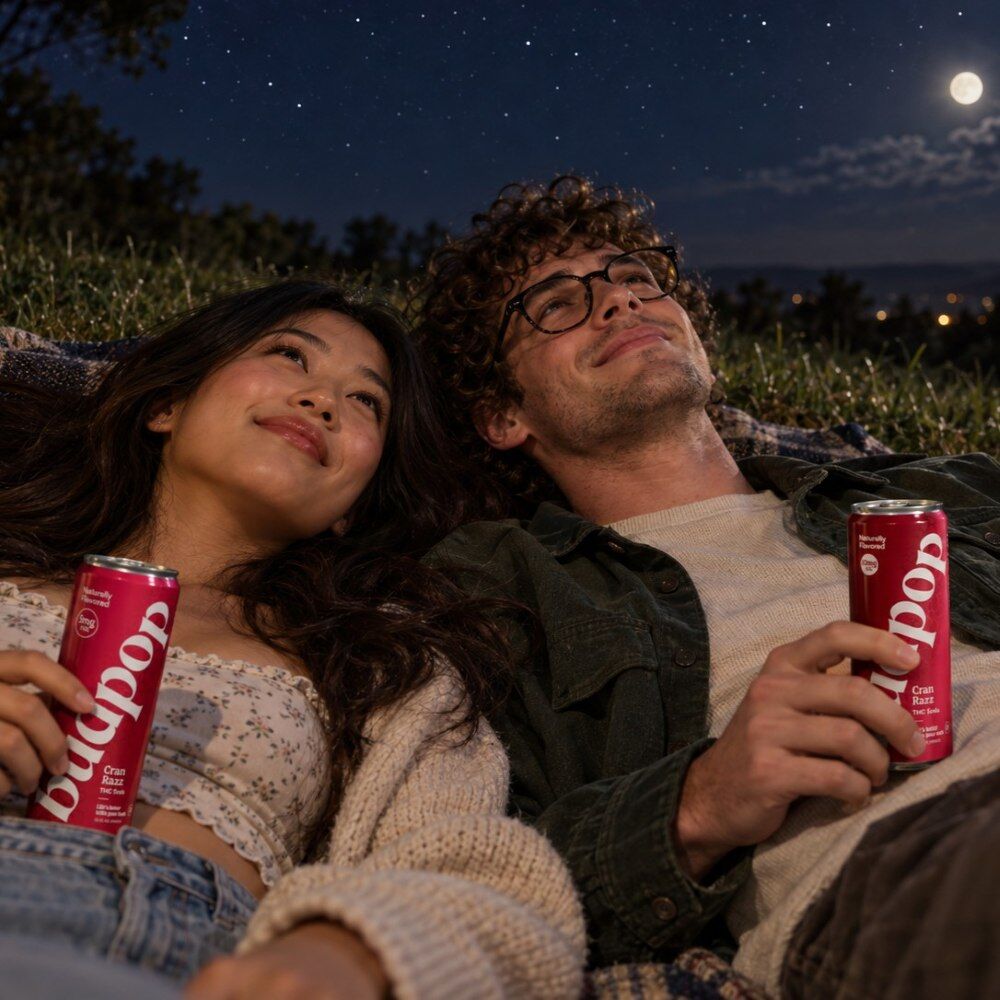 Cran Razz THC Soda couple relaxing on field watching the stars with budpop cran razz thc soda in hand