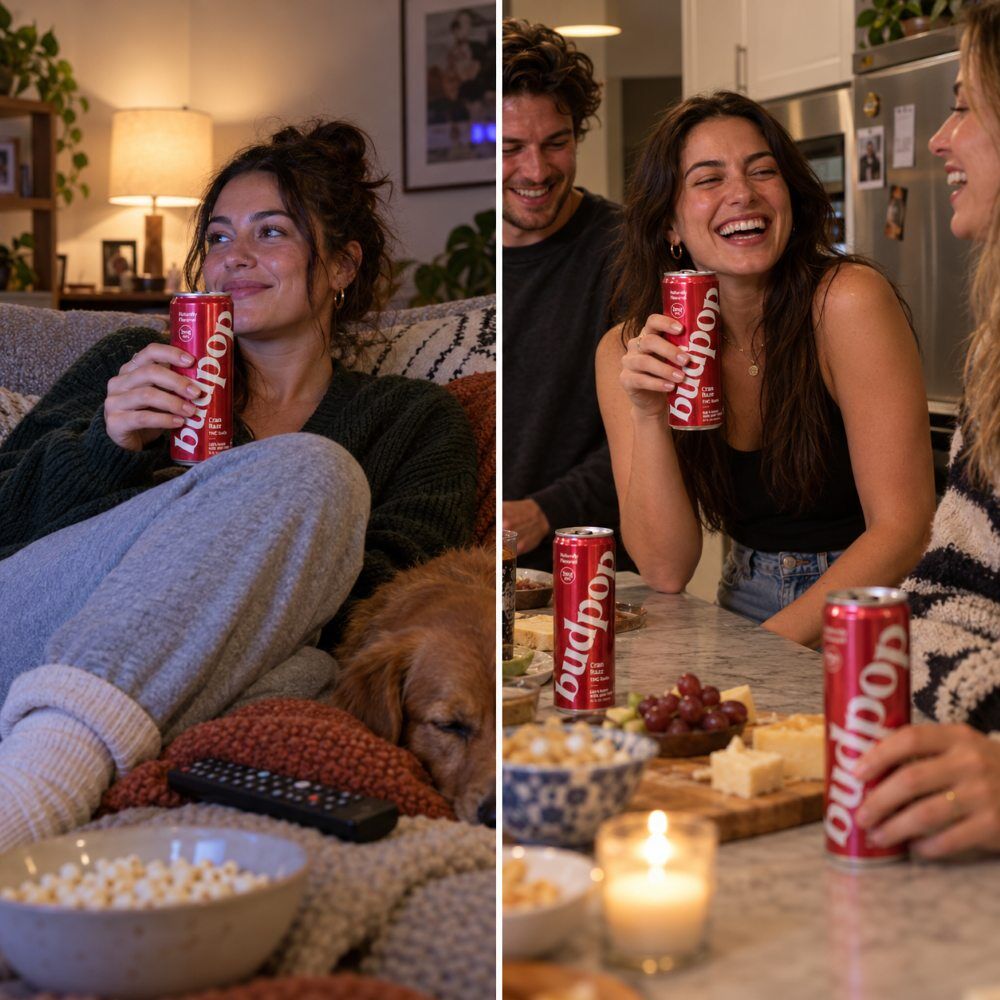 Cran Razz THC Soda woman watching movie and three friends talking over cran razz budpop thc soda